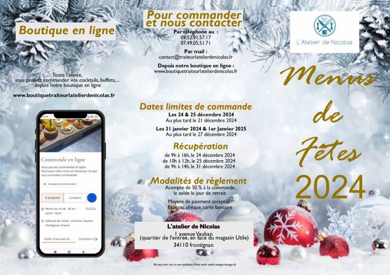 menu de fêtes 2024 recto traiteur l'atelier de nicolas à frontignan